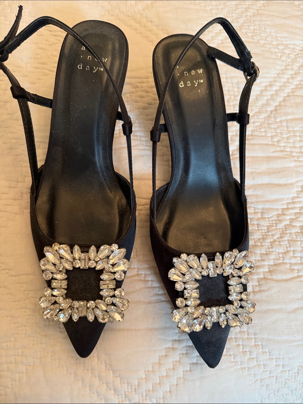 a new day Black Pointed Toe Slingback satin Heels with Crystal Buckle